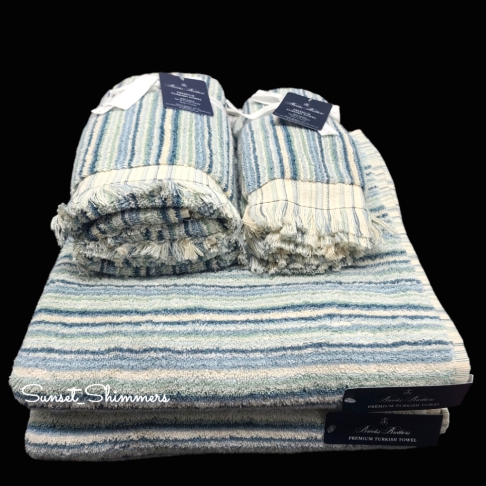 6pc BROOKS BROTHERS Blue Green Ombre Striped THICK PLUSH TURKISH Towel Set New